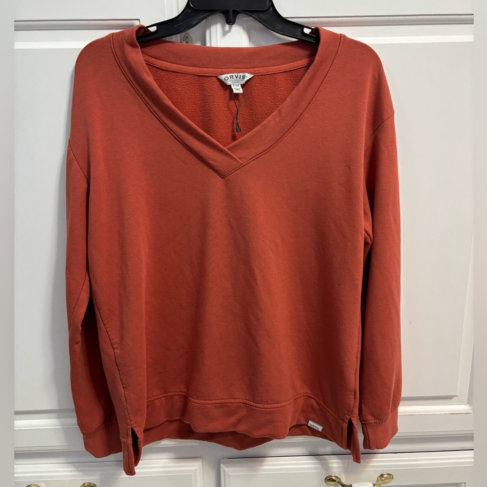 Orvis Orange V-Neck Long Sleeve Sweatshirt Women Size Small